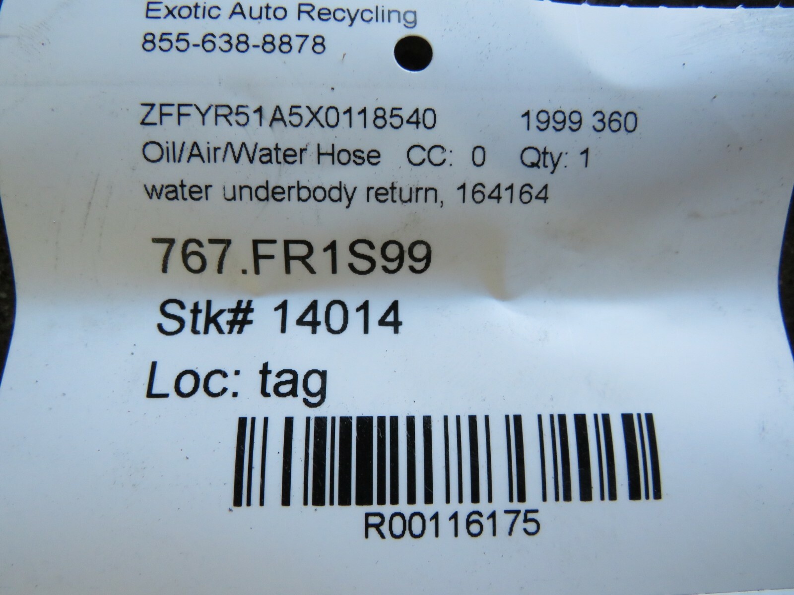 Ferrari 360, Water Return Line, Used, P/N 164164