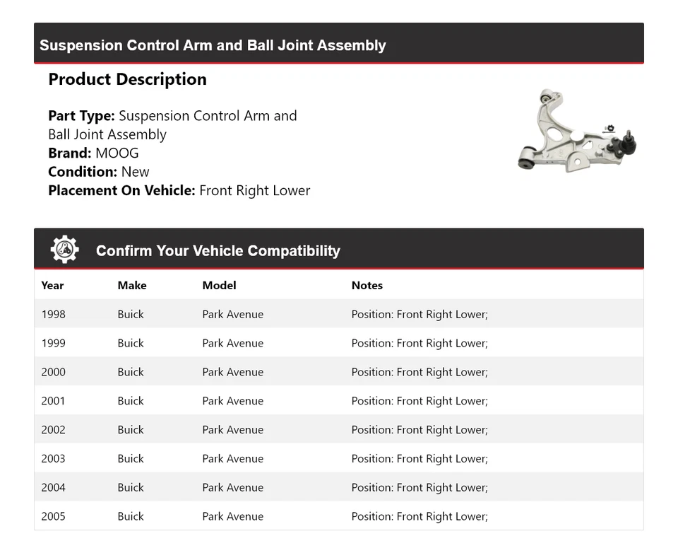 Brazo de control delantero derecho inferior MOOG 1998-2005 Buick Park Avenue 1998 1999 Foto 2 de 4