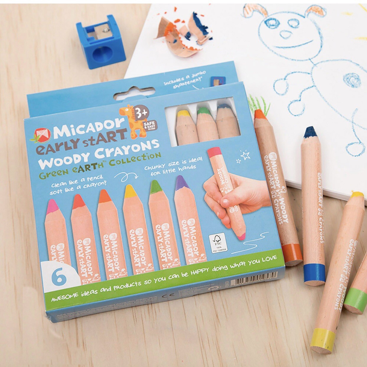 Micador Early Start Woody Crayons Wooden Sharpener Jumbo Chunky Pencil X6