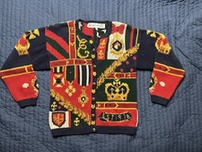 1991 Eagle’s Eye Knit Cardigan Sweater Women’s Medium Mulit Colored Royal Theme