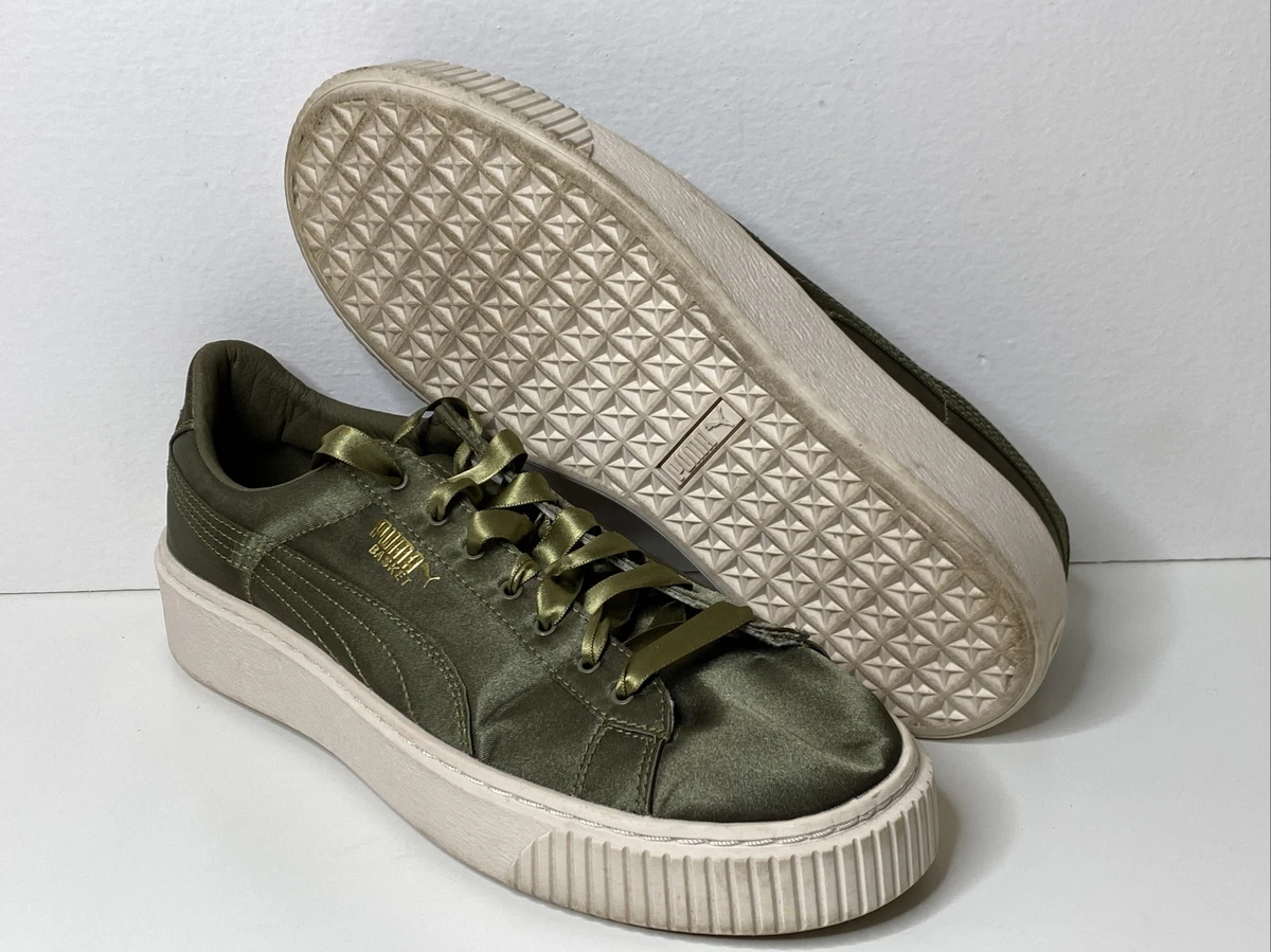 Puma Basket Thistle Olive Green Satin Platform Sneakers Womens Size 9 | eBay