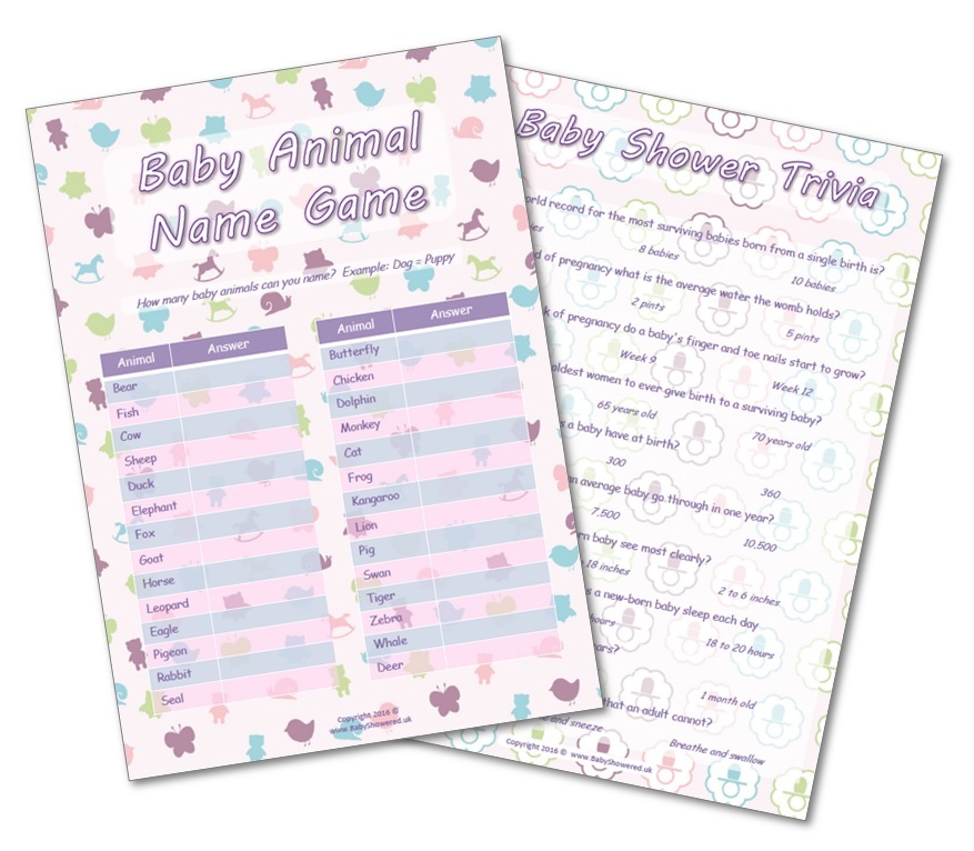 Baby Shower Party Games - 2 GAMES - BABY ANIMAL / BABY SHOWER TRIVIA -20 players