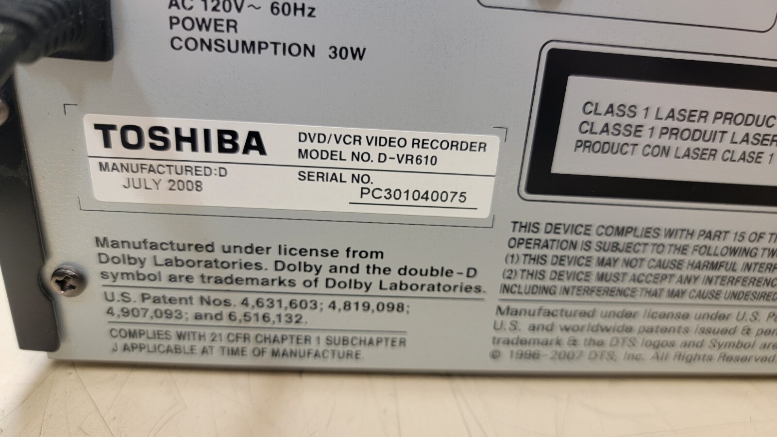 Toshiba D-VR610 DVD/VCR Video Recorder