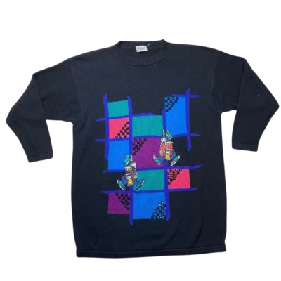 Vintage 80er Jahre Neuheit Druck Pullover L/XL 14 16 18 Helle Bunte Schwarz - Bild 1 von 4