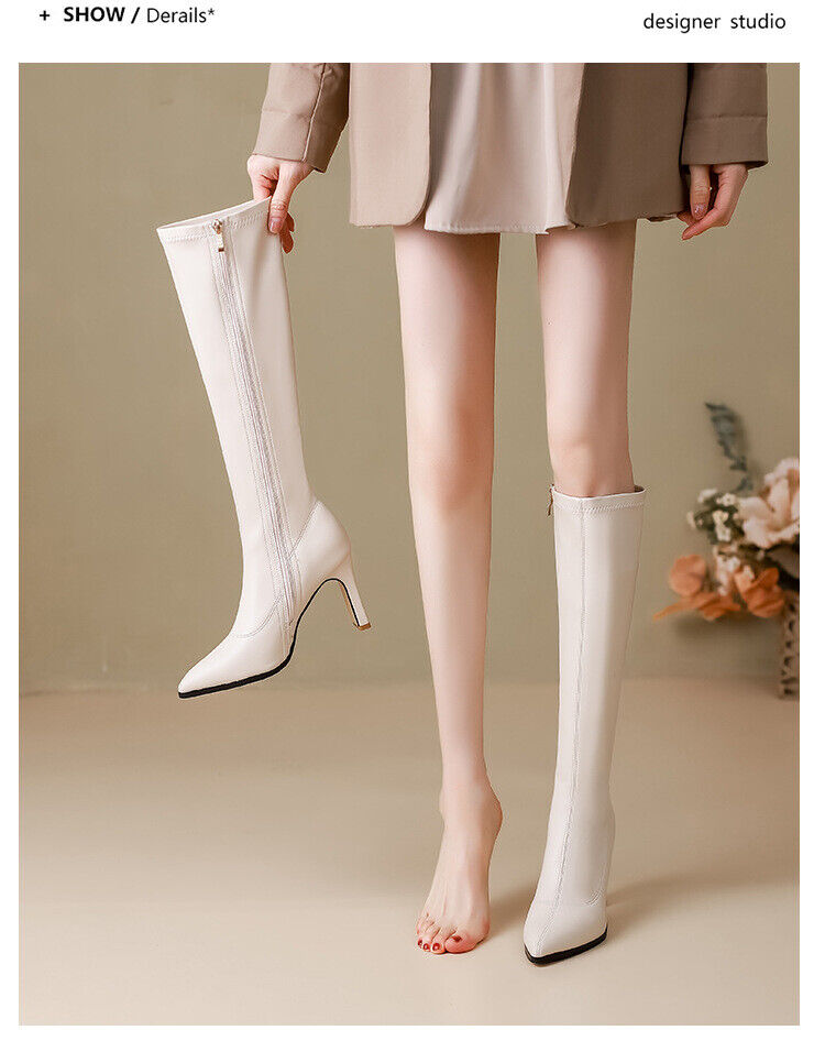 Leather Boots High Heels Side Zipper Boots Womens Pointed Toe Knee High Boots Sz Leather Boots High Heels Side Zipper Boots Womens Pointed Toe Knee High Boots Sz