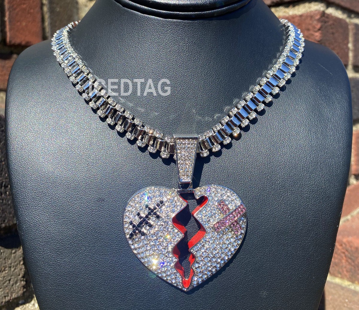 JUMBO BANDED BROKEN HEART CZ HIP HOP ICED PENDANT & ROLLIE