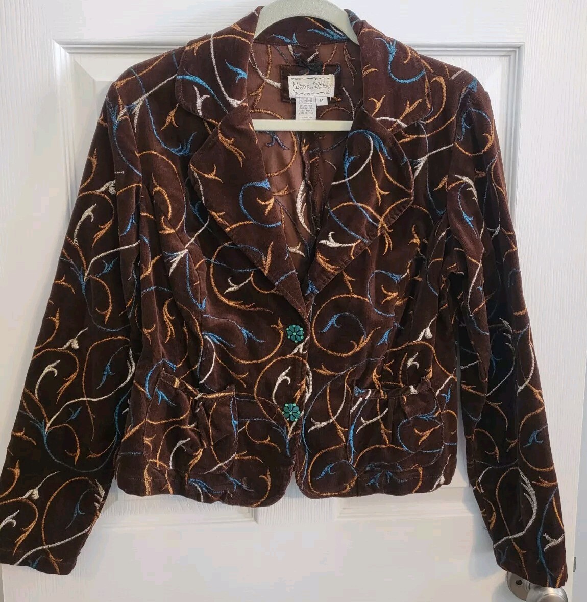Live a Little Brown Teal Gold Turquoise Button Front Jacket Womens Size Medium