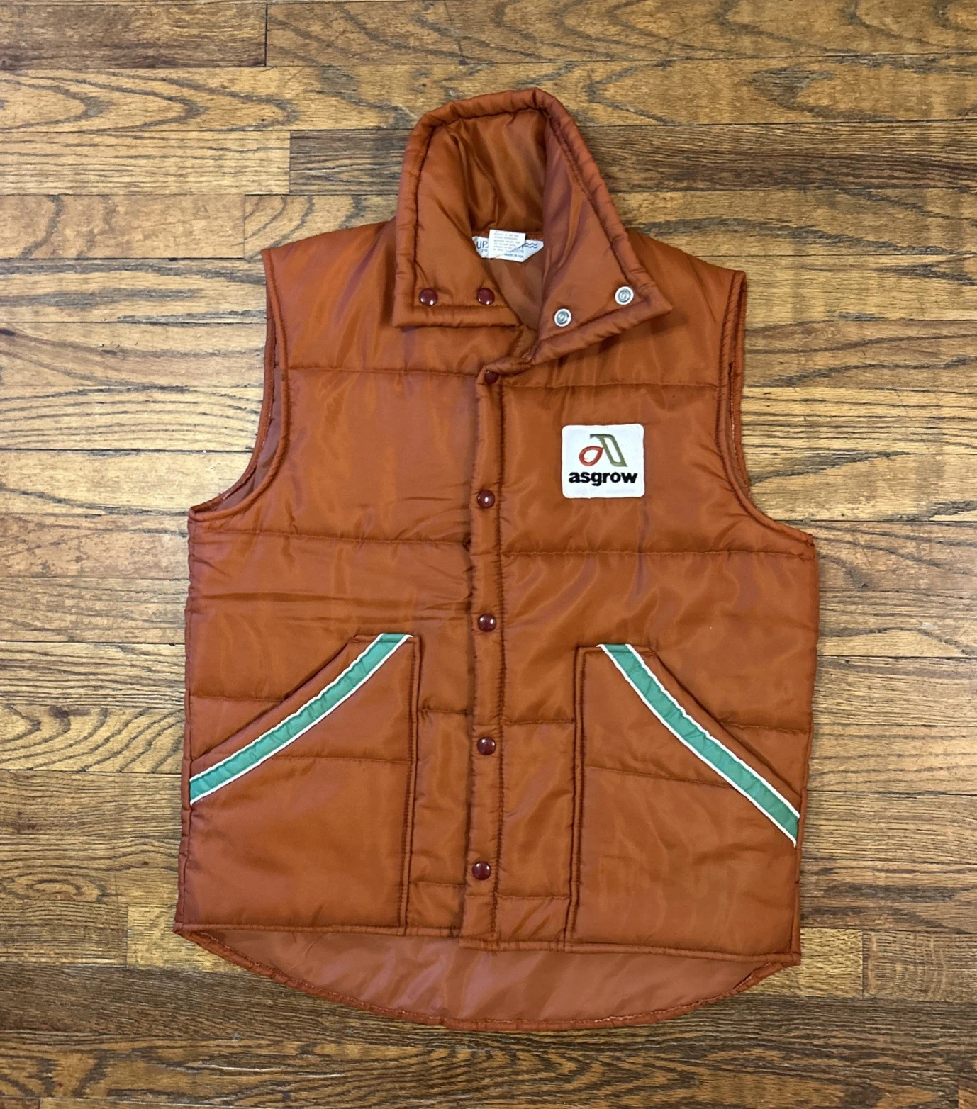 Vtg Asgrow Puffer Vest Men’s Small Orange Snap Up Gorp Farming Chore Barn USA