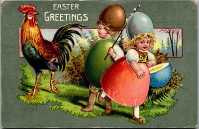 Fantasiekarte Ostergrüße, Kinder und Hahn