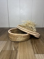 Handwoven Lidded Basket w/ Raffia Top  Natural Wicker Grass  Boho Decor