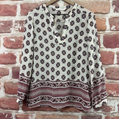 Lush Top Shirt Womens Small White Multicolor Boho Floral Abstract Peasant Blouse