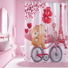 Valentines Pink Heart Love Bear Shower Curtain Decor Set 12 Hooks 72x72 In