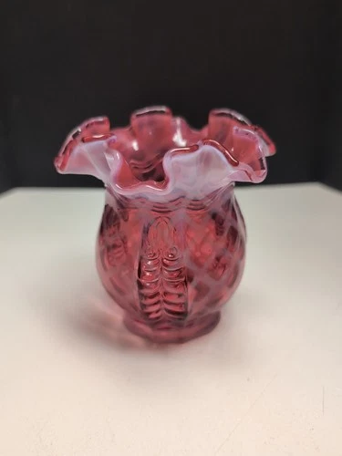 Fenton Cranberry Opalescent Diamond Point Ruffle Top Vase 4" X 4.25"