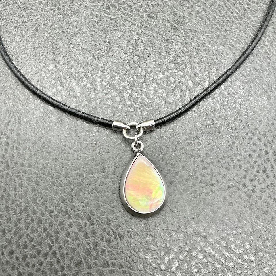 Lia Sophia Teardrop Pendant Necklace Iridescent Abalone Black Cord Silver Tone - Image 3 of 4