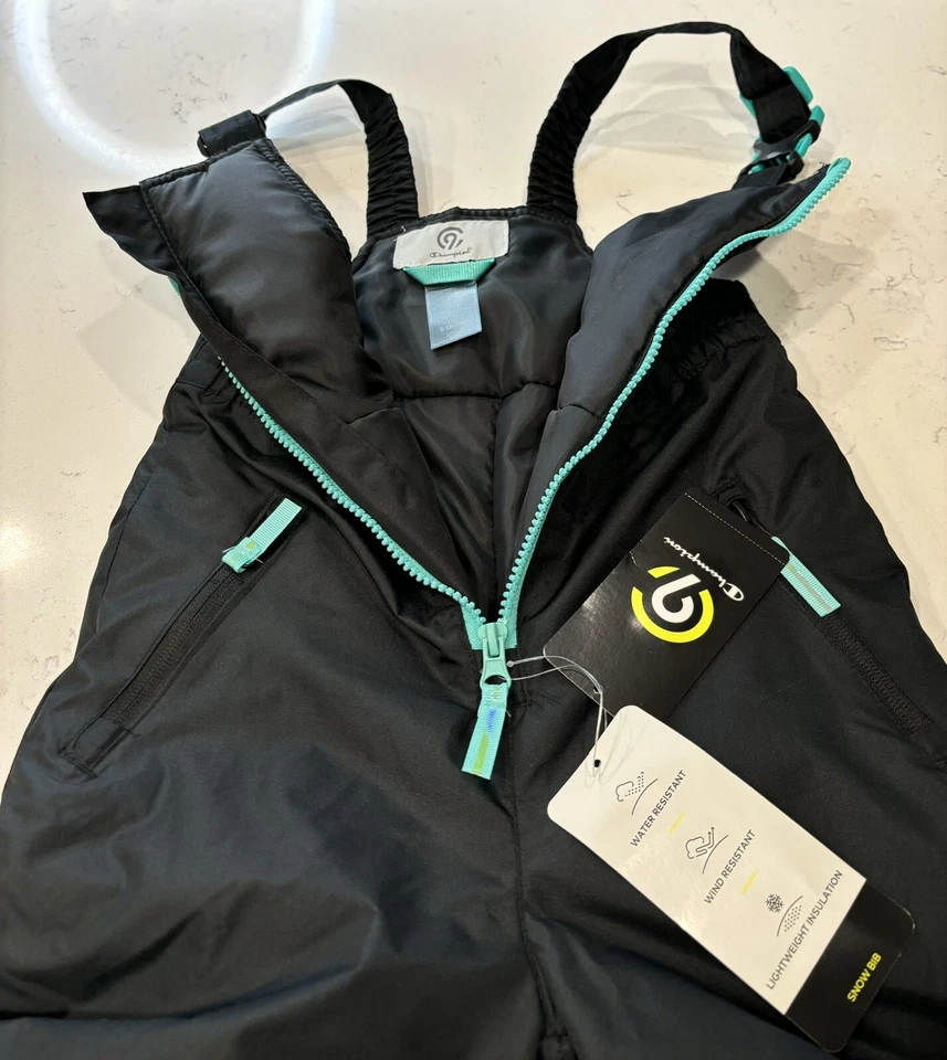 CHAMPION (NUEVO CON ETIQUETAS) Niña Nieve Babero Pantalones Mono Pequeño 6-6X Negro y Verde azulado Foto 4 de 4