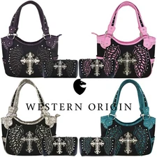 Western Cross Laser Cut Wing Country Handbag Purse Women Shoulder Bag Wallet Set