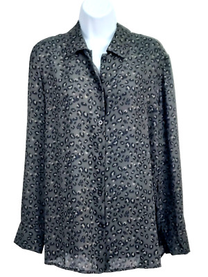 Chelsea & Theodore Womans Top Blouse Dark Brown Paw Print Sz M Long Sleeve Cuff