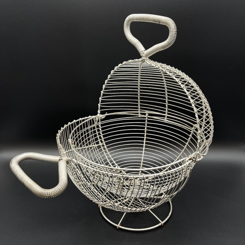 Primitive French Metal Wire Mesh Antique Egg Basket Retractable Lid