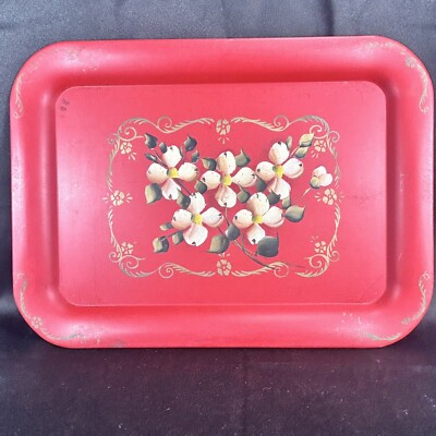 Vtg E.T. NASH CO Metal Tray Tole Hand Painted Floral Red Made In New York USA