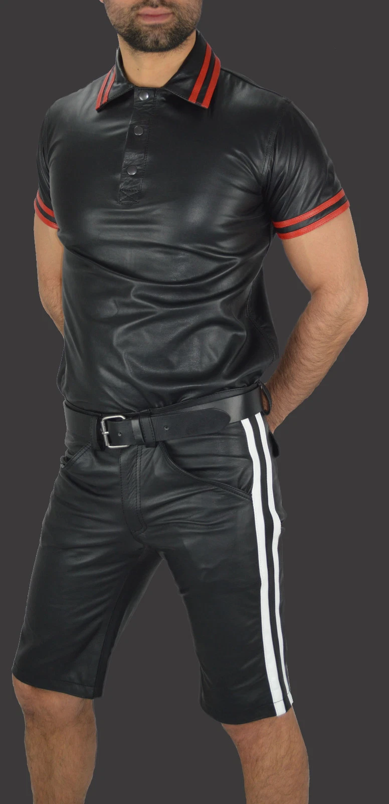 AW541 high quality leather shorts with two stripes leather shorts knee length, Lederhosen