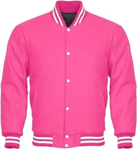 New School College Baseball Team Letterman Pink Wool Bomber Varsity Jacket