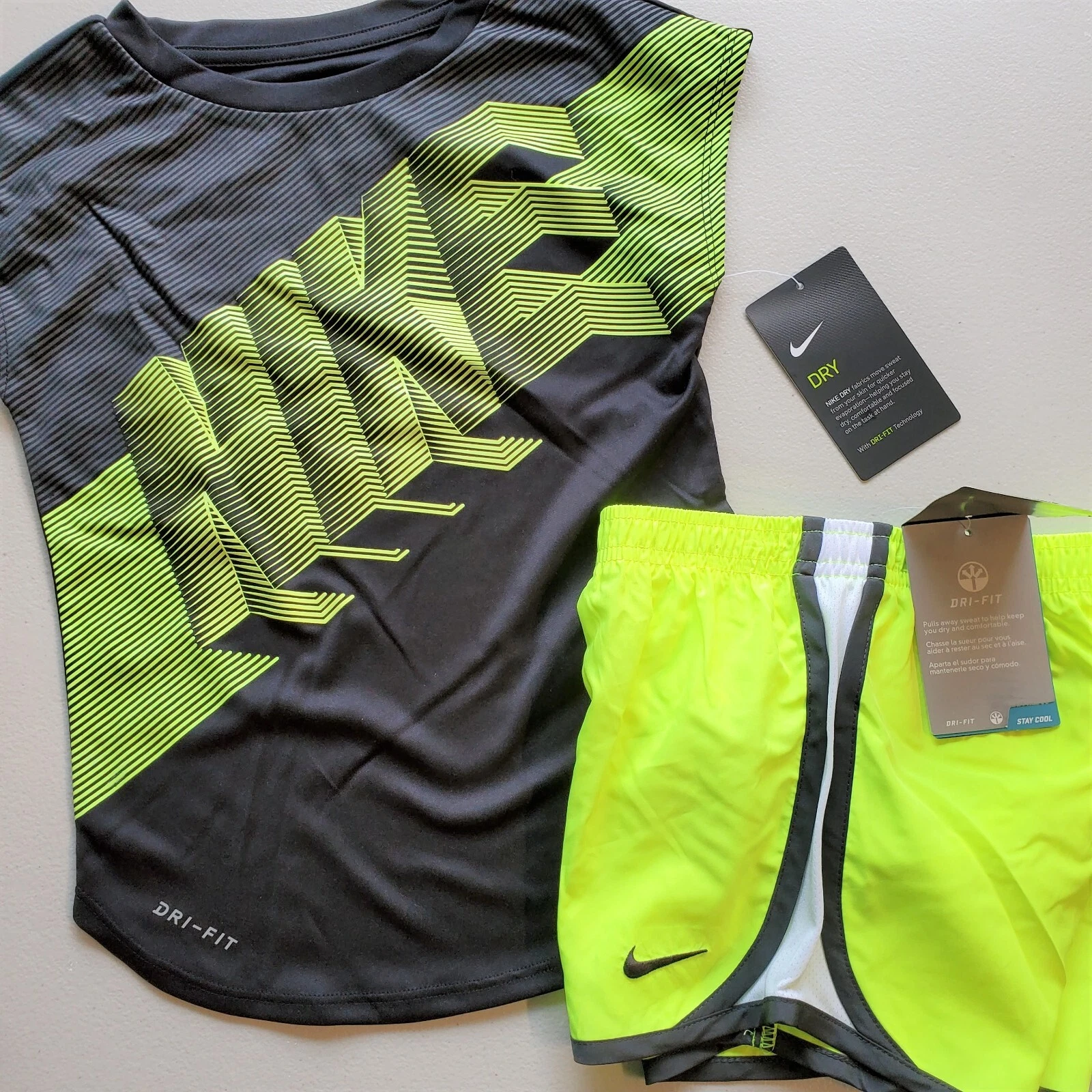 Nike Girls Size 5 Summer Dri-fit Lined Shorts & T-Shirt 2pc Black Yellow
