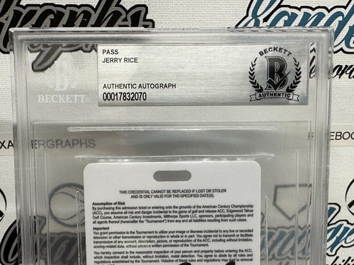 JERRY RICE SIGNED FOOTBALL ACI TAHOE PASS TICKET BADGE ON CARD BECKETT BGS BAS - Picture 4 of 8