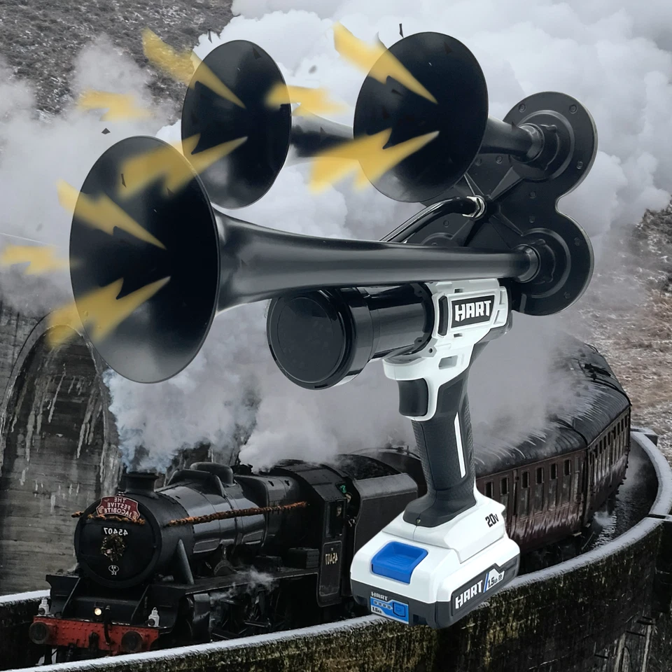 Bocina de tren de perforación Hart 20V 4 trompetas de aire negras QUAD con batería + cargador Foto 2 de 4