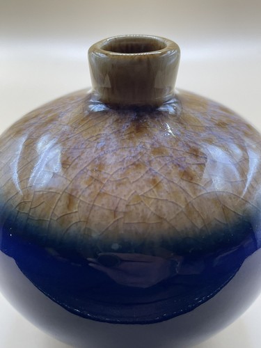 1970s Art Pottery Drip Glaze Bud Vase- Blue/Tan - Picture 3 of 7