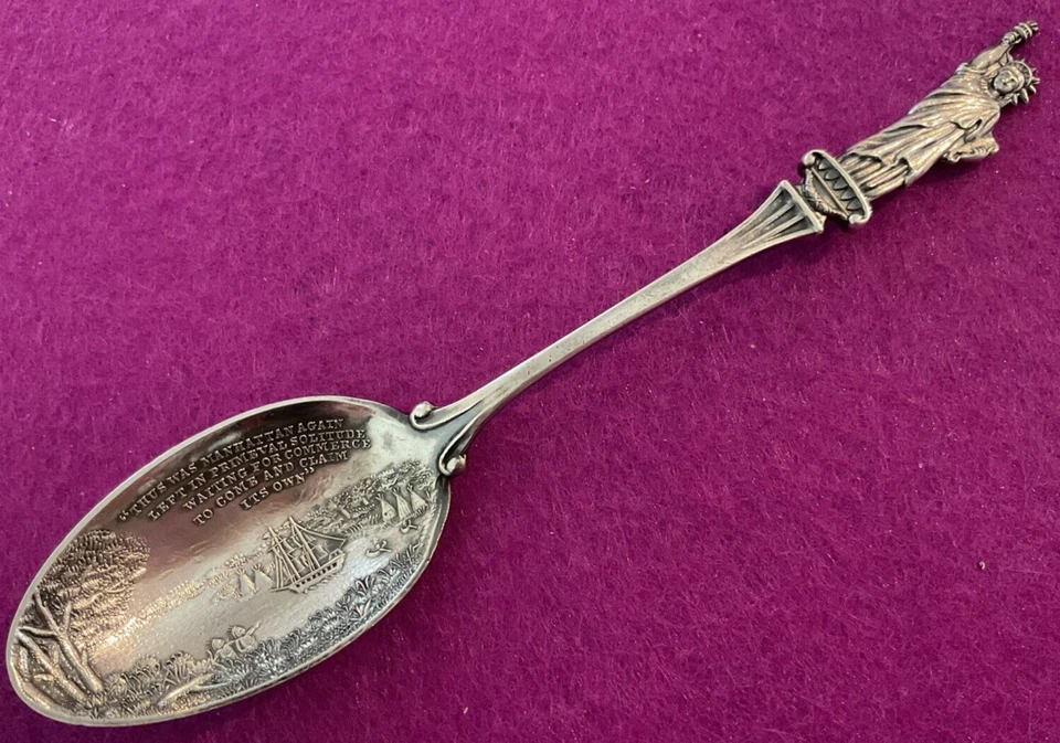 Estatua de la Libertad Manhattan barco indio canoa 5,7" cuchara de recuerdo esterlina 23 g Foto 3 de 4