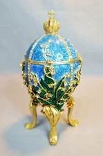 Lily of the Valley Enamel Egg Crystal Rhinestone Jeweled Gold Metal Trinket Box
