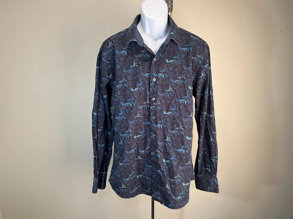 BUGATCHI Men's blue and white floral Shaped Fit long sleeve shirt XL - Image 2 of 4