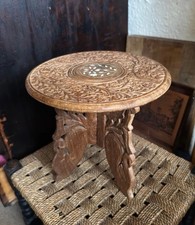 Carved Wooden Folding Stool Side Table Bone Inlay Top Vintage Indian