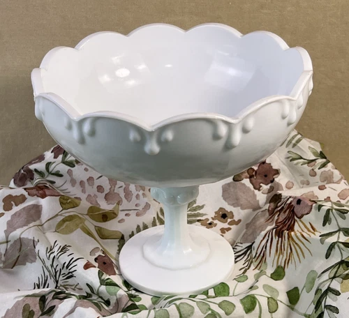 Vtg Indiana Milk Glass Pedestal Bowl/Compote White Scalloped Drip/Teardrop MCM