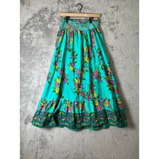 Vintage Tropical Floral Maxi Skirt Teal Smocked Waist Boho Cottagecore Cotton SM