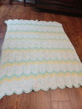 VTG Crochet Knit Baby Blanket Yellow/Green/White Handmade Crib Nursery 38" X 47  