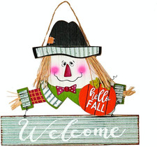 14" Hanging Wood Scarecrow Metal Welcome Sign with Hello Fall, Scarecrow Hanger