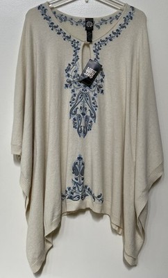 Lucky Brand SZ M /L Cream Poncho With Blue And Gray Floral Embroidery
