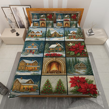 Winter Cottage Christmas Woven Festive Fireplace  Poinsettia Quilt Bed Set