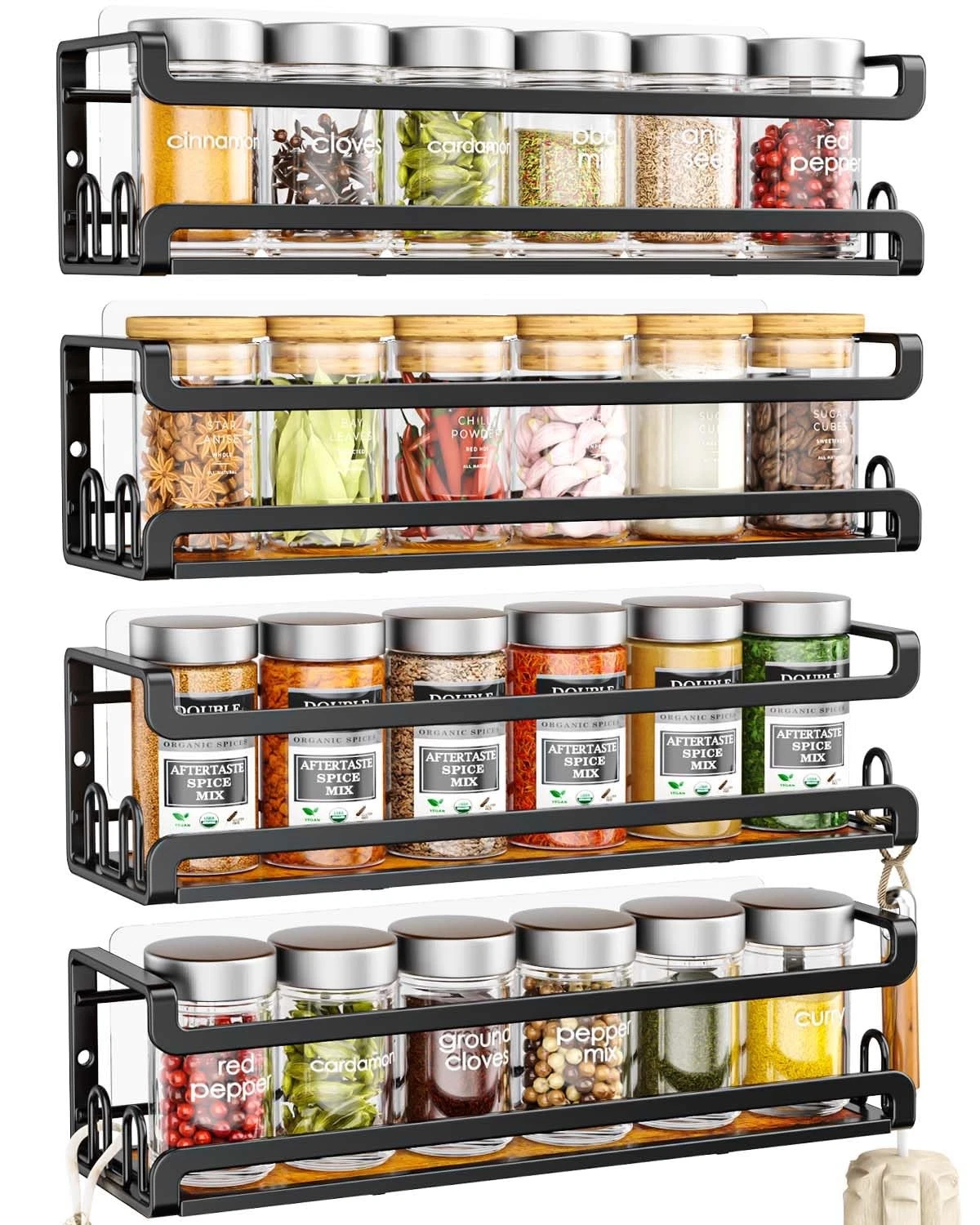 4 Pack Wall Mount Spice Rack with 16 Hooks,Hanging Spice Rack Organizer for S...