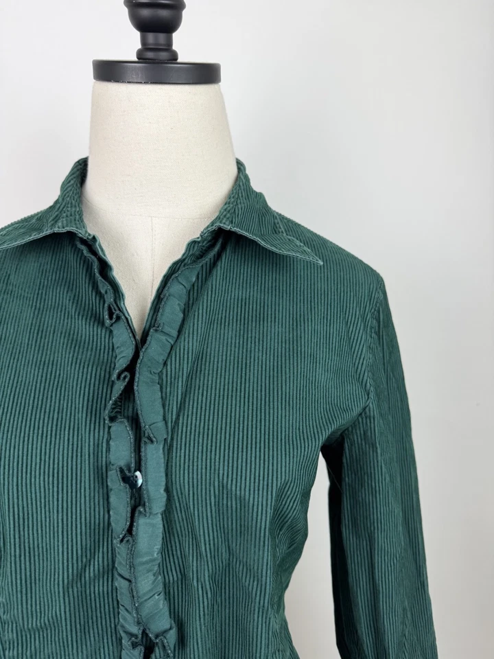 Vintage 90s Corduroy Blouse Womens Medium Forest Green Ruffled Stretch Bohemian - Image 3 of 4