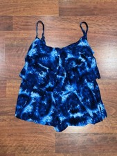 Aqua Green - Blue Tie-Dye Tiered Tankini Swimsuit Top