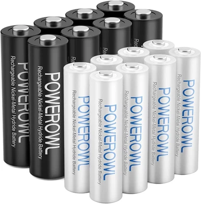 POWEROWL 16-Pack Rechargeable NiMH Batteries: 8 AA 2800mAh & 8 AAA 1000mAh