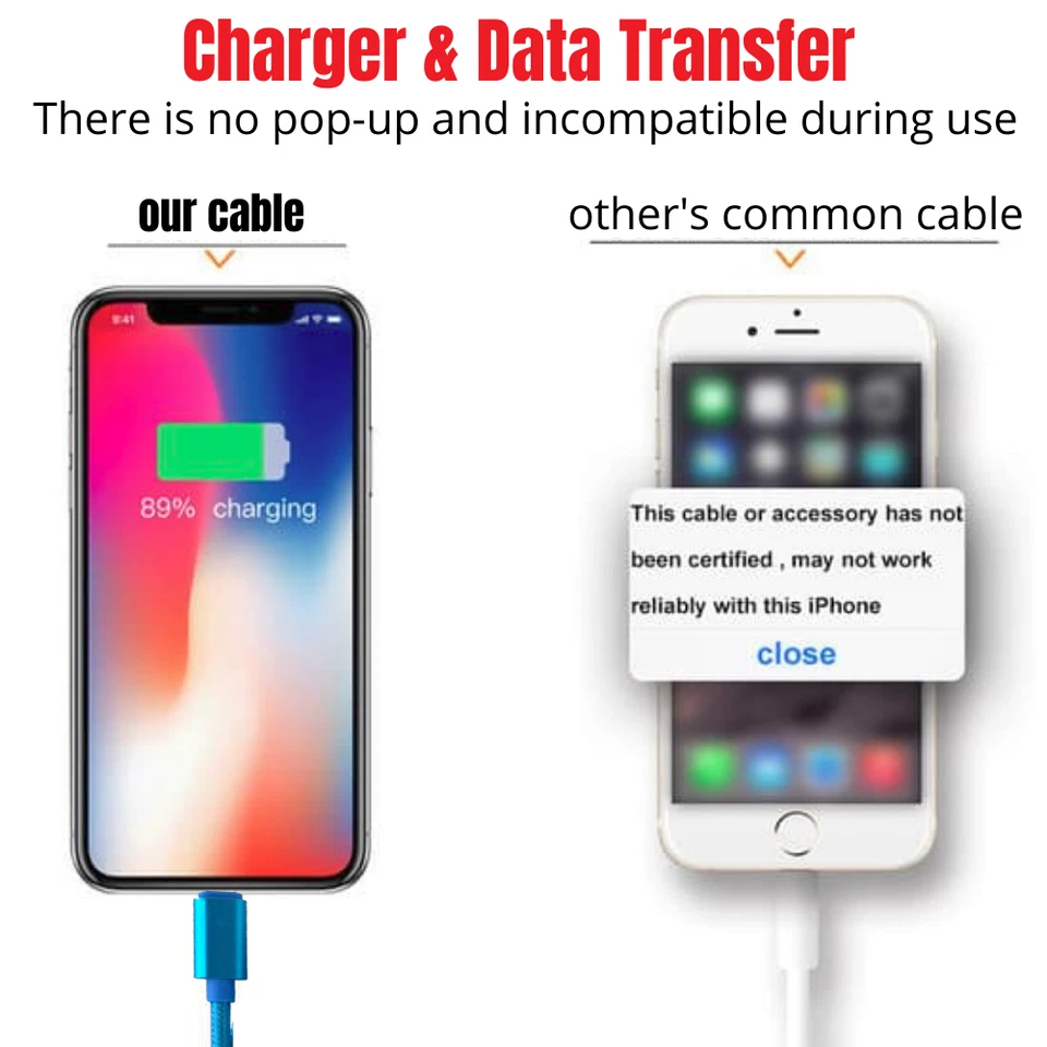 Cable cargador USB de 10 pies de largo cable trenzado de nailon para Apple iPhone 13 12 11 X iPad Foto 4 de 4