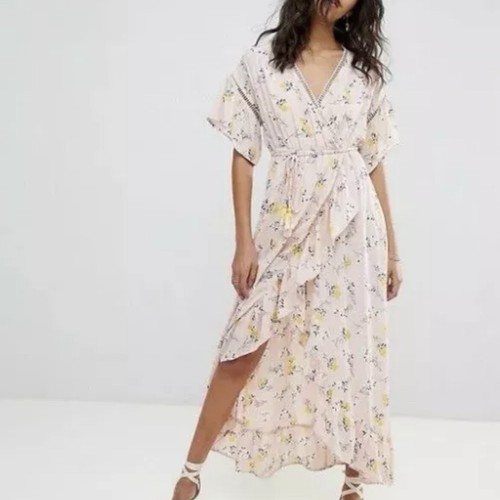 ASOS Moon River rosa gelb Blumen Faux Wickel High-Low Kleid Flatterärmel Medium - Bild 7 von 9