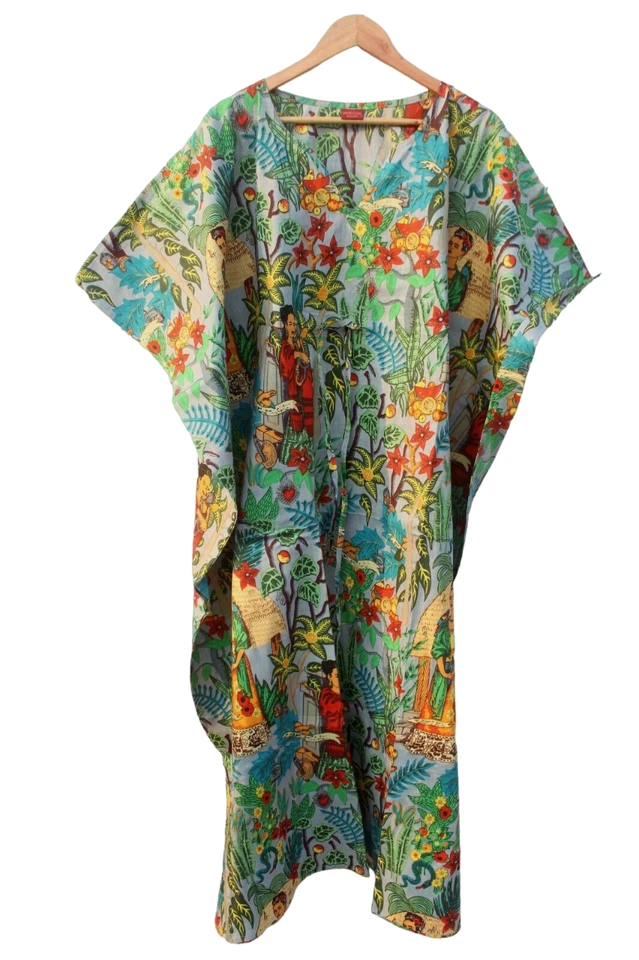 Indian Vintage 100% Cotton Long Beach Maxi Kaftan Dress One Size Caftan Kimono - Image 2 of 4