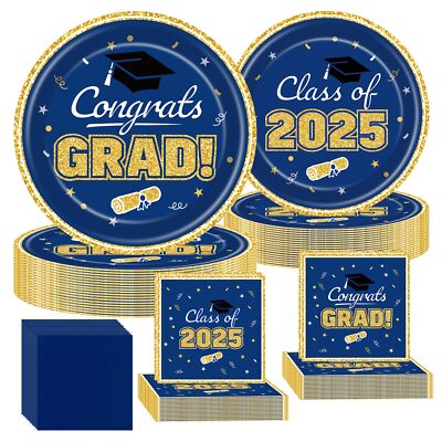 200PCS Blue and Gold Graduation Class of 2025 Party Supplies Set Congrats Gra...