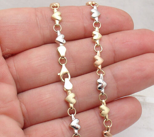 Heart link Chain Anklet Ankle Bracelet Real 14K Yellow White Rose TriColor Gold - Picture 1 of 5