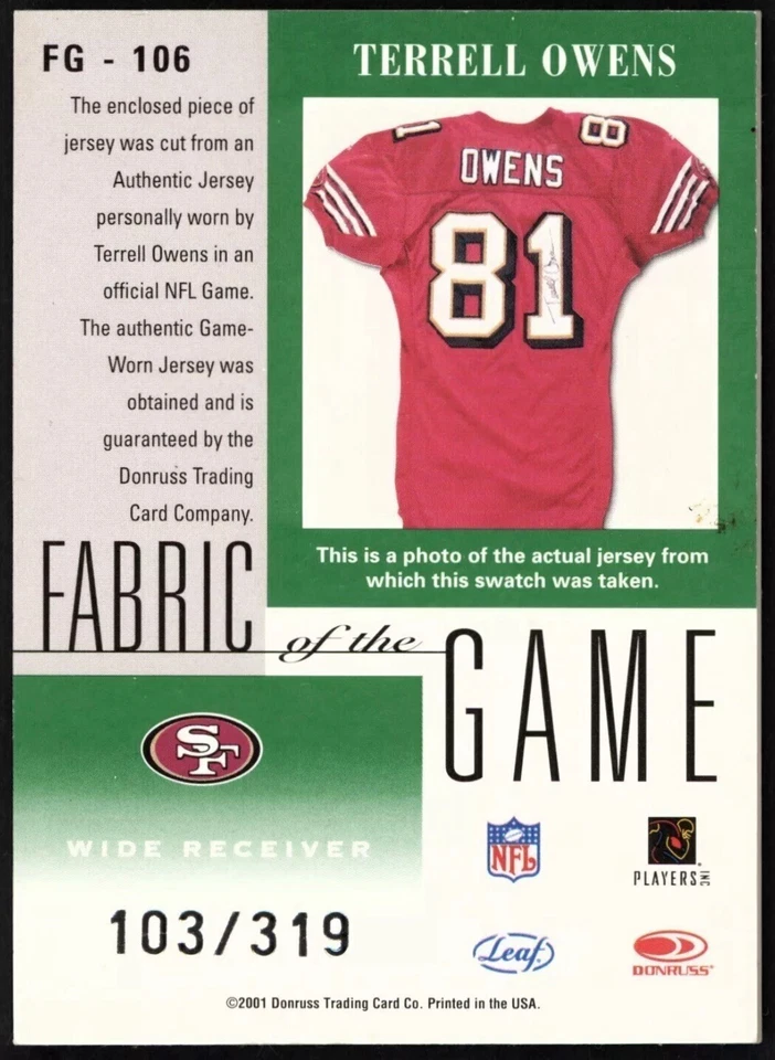 2001 Leaf Certified Fabric of the Game #106 Terrell Owens 103/319 JERSEY 49ERS - Image 2 of 2