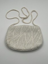 Vtg White Hand Beaded Purse Evening Bag Clutch Long Braided Rope Handle